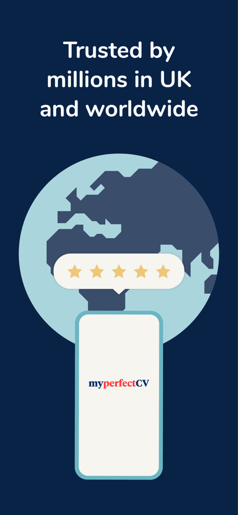 Gráfico que muestra la confianza global en MyPerfectCV con una calificación de cinco estrellas e icono de globo terráqueo.