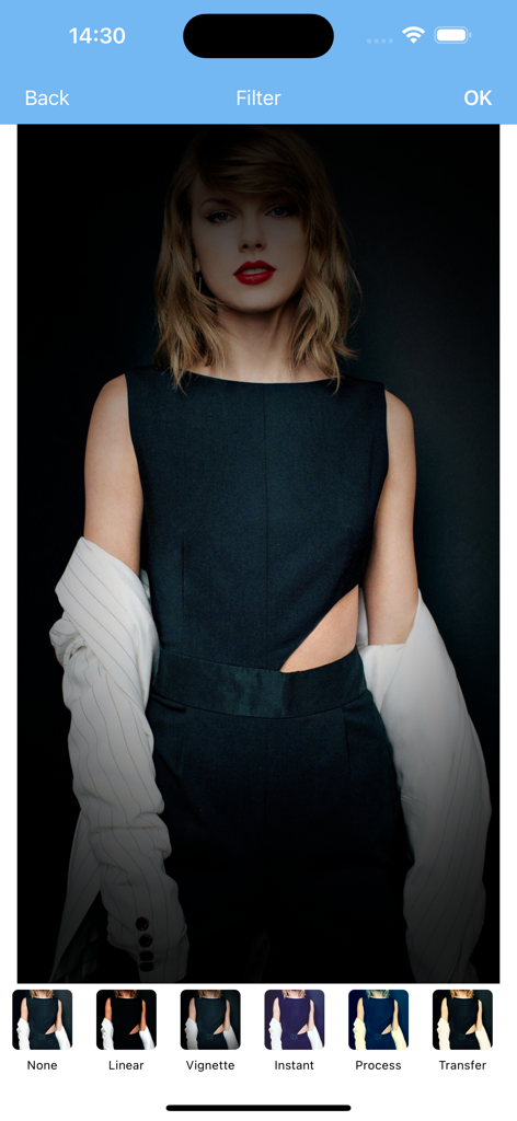 Photo Editor retouch filters - Interfaccia di un'app di fotoritocco che mostra varie opzioni di filtri per un ritratto.