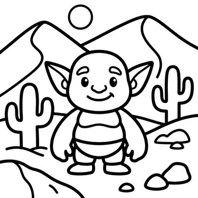 Embark on a desert adventure with this super cute Desert Goblin coloring page, specially designed for toddlers. Its thick lines and large areas make it perfect for little hands to explore colors and boost motor skills.
