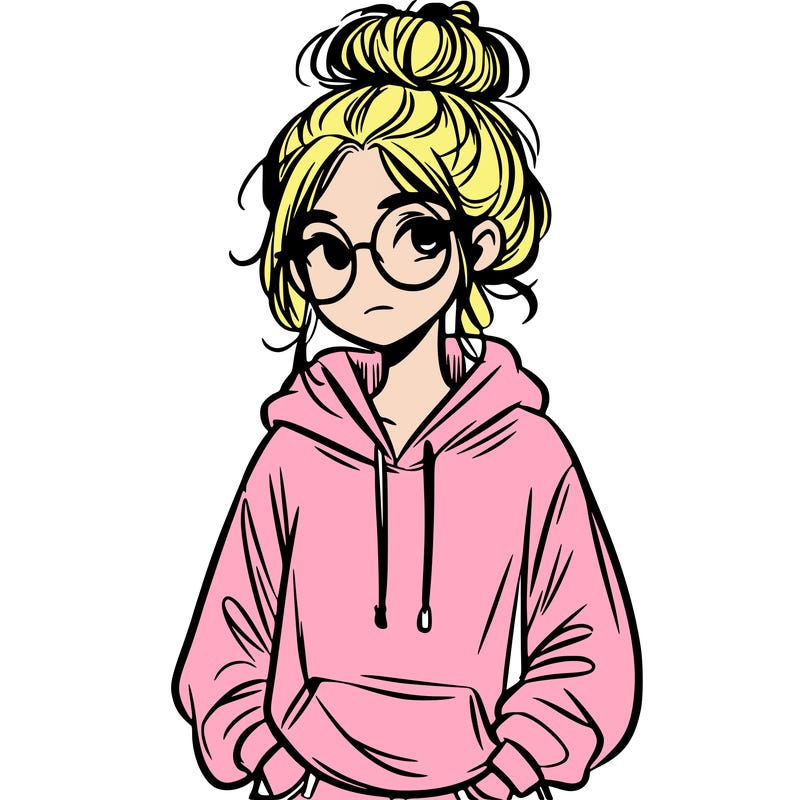 teen girl with a messy bun and glasses wearing a loose hoodie and jeans
