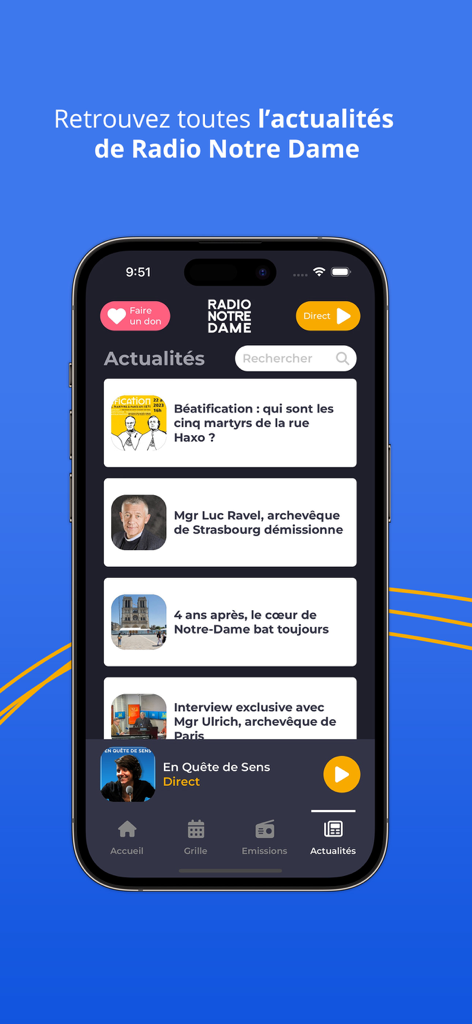 A interface do feed de notícias do aplicativo móvel Radio Notre Dame exibindo artigos religiosos e controles de rádio ao vivo