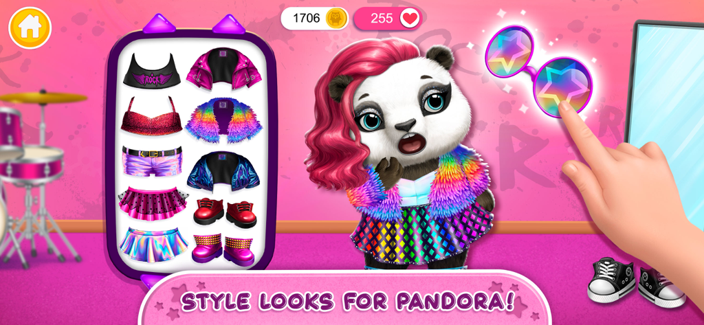 A panda character named Pandora being dressed in a colorful rock star outfit and star shaped sunglasses