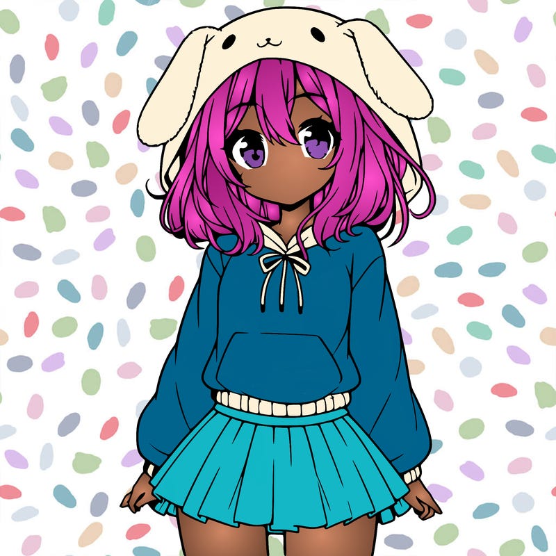 pretty anime girl wearing a fluffy hoodie with bunny ears on the hood and a skirt