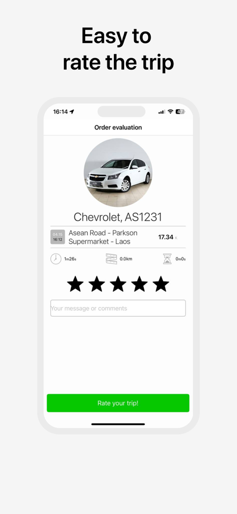 Flash Delivery LAO - The order evaluation screen of the Lao Taxi app featuring a five star rating system and trip summary.