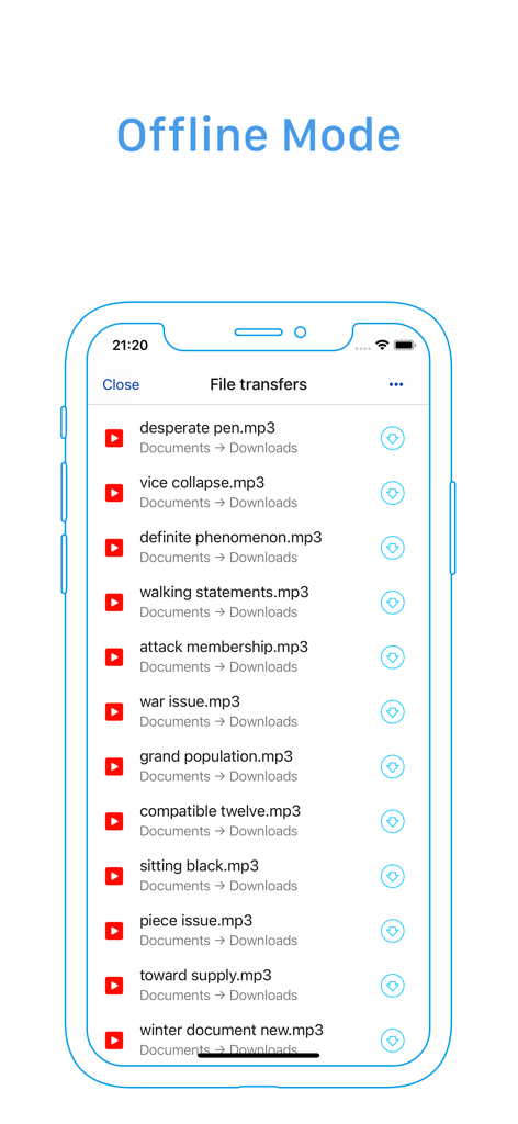 FirePlayer: player 4 MediaFire - Interface de l'application FirePlayer affichant le mode hors ligne et la liste de transfert de fichiers pour les téléchargements de musique depuis MediaFire