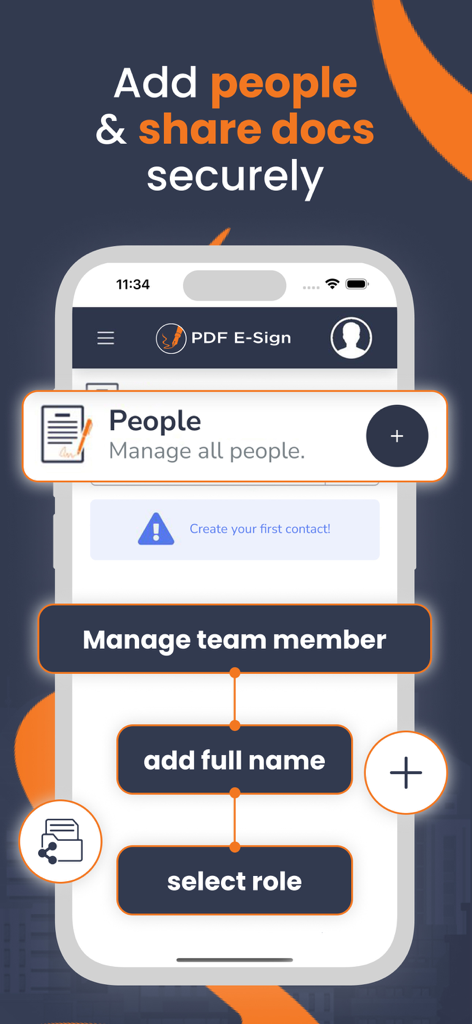 PDFEsign.com PDF E-Sign - Interfaz de la aplicación PDF E-Sign para añadir personas y gestionar miembros del equipo para compartir documentos de forma segura