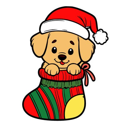 cute puppy wearing santa hat in socking