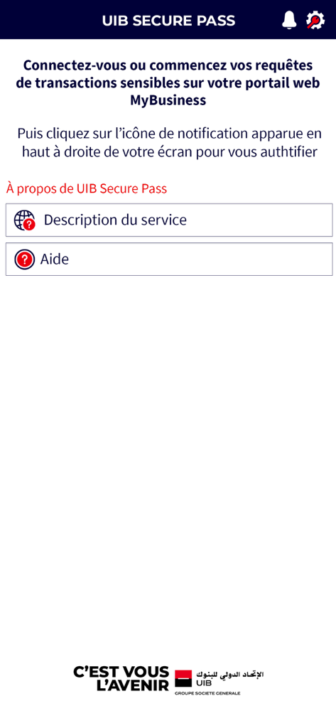 Tela de boas-vindas do UIB Authenticator com instruções para transações seguras.
