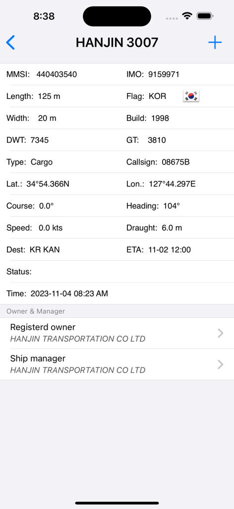 FindShip Pro - Track vessels - Interfaccia dell'app FindShip Pro che mostra dettagli AIS specifici di una nave mercantile, comprese le informazioni sul proprietario e la destinazione.