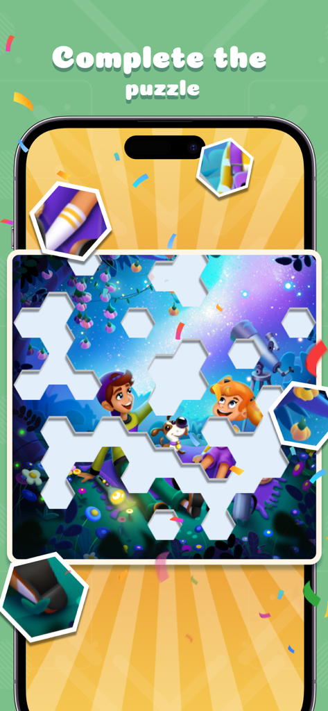 Nonogram - Jigsaw Number Game - A mobile game screen showing a hexagonal jigsaw puzzle being completed with an illustration of children and a dog