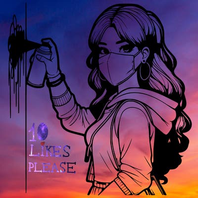 realistic girl with mask spray painting a wall