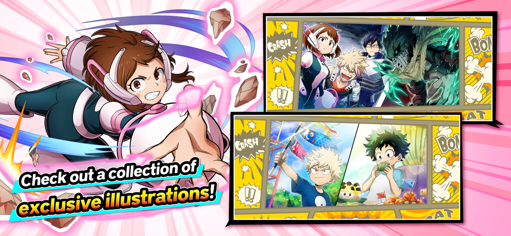MY HERO ULTRA IMPACT - Ilustraciones y arte exclusivo de personajes del juego móvil MY HERO ULTRA IMPACT con Ochaco Uraraka y otros héroes.