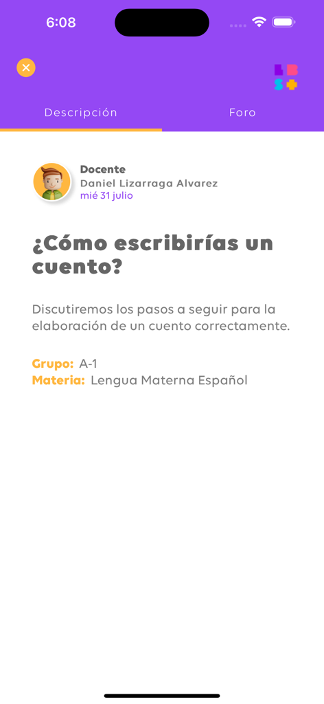 LBS Plus app interface showing a Spanish language lesson overview for writing a story