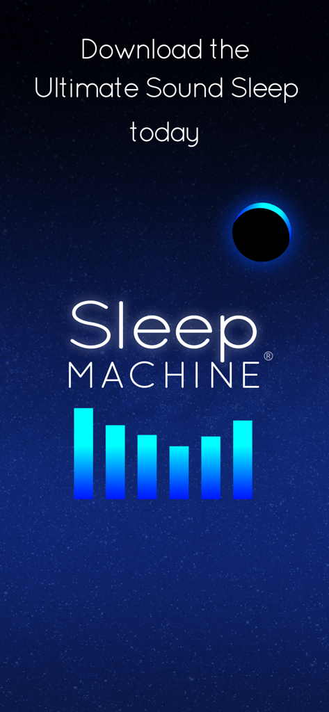 Sleep Machine - Tela promocional do aplicativo Máquina de Dormir com um fundo de céu estrelado, logotipo de barra de som e o slogan Baixe o Sono Perfeito Definitivo hoje.