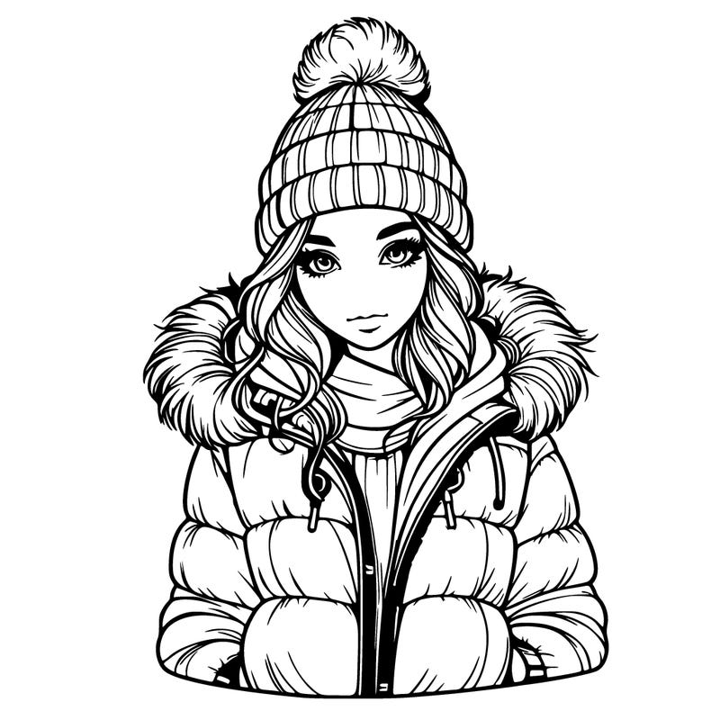 realistic girl with beanie and puff jacket