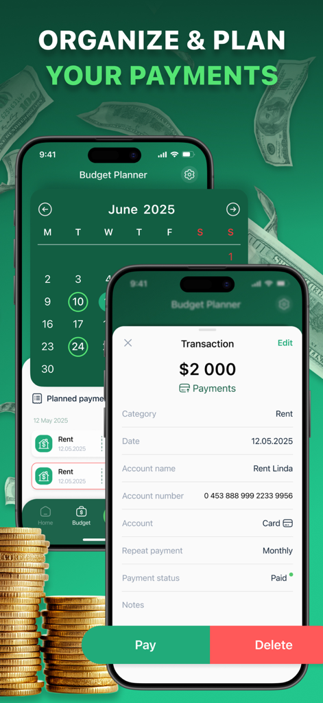 Bills Organizer app interface showing a payment calendar and rent transaction details on an iPhone.