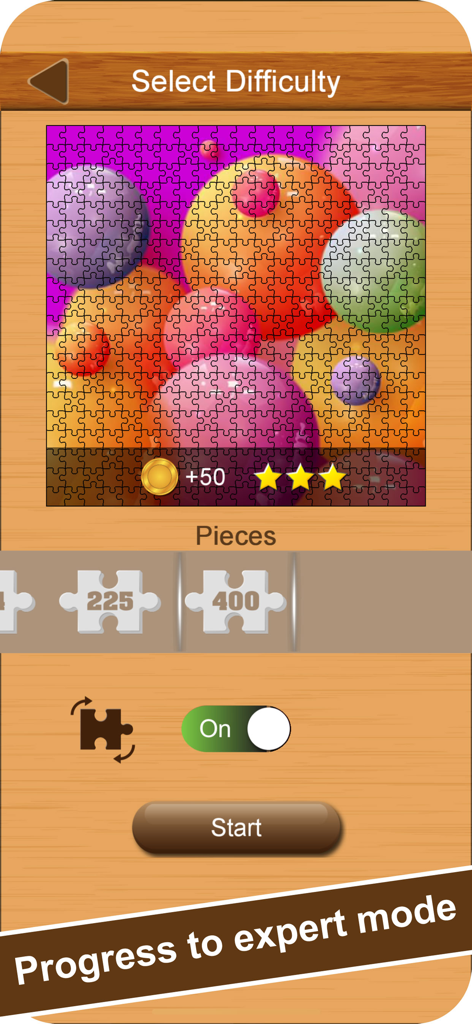 Amazing Jigsaw - Brain Puzzles - Amazing Jigsaw app screen for selecting puzzle difficulty with piece count and rotation mode settings