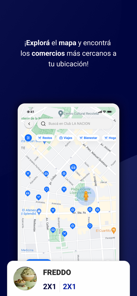 Club LA NACION - Mapa interactivo en la app Club LA NACION mostrando descuentos de negocios cercanos y ofertas exclusivas