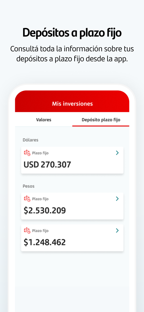 Santander Inversiones Uruguay - Pantalla de la app Santander Inversiones Uruguay mostrando saldos de inversión en depósitos a plazo fijo en dólares y pesos.