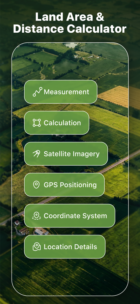 GeoMark - GPS Measurement Tool - Interfaz de la herramienta de medición GPS GeoMark que muestra características como el cálculo del área del terreno y la imagen satelital sobre una vista aérea del campo