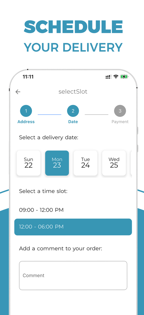 ALKALIVE - Interfaz de programación de entrega de la aplicación ALKALIVE que muestra la selección de fecha y franja horaria para la entrega de agua