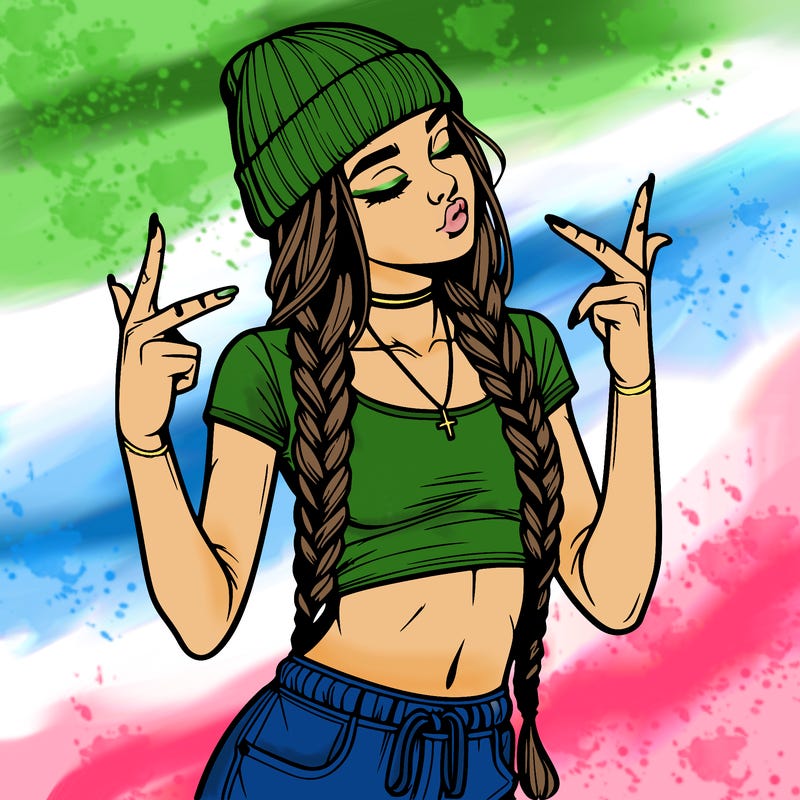 realistic teenage girl with braids and a beanie and crop top doing 🫶🏼