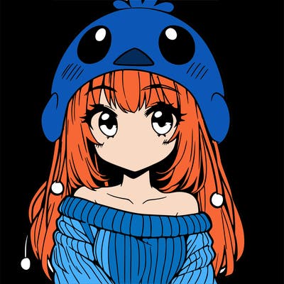 anime girl with chick shaped hat with sweater with bare shoulders with bangs covering them one eye with low tail