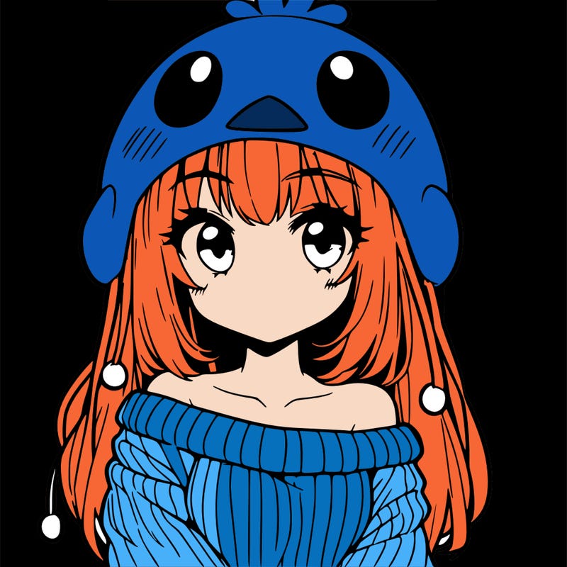 anime girl with chick shaped hat with sweater with bare shoulders with bangs covering them one eye with low tail