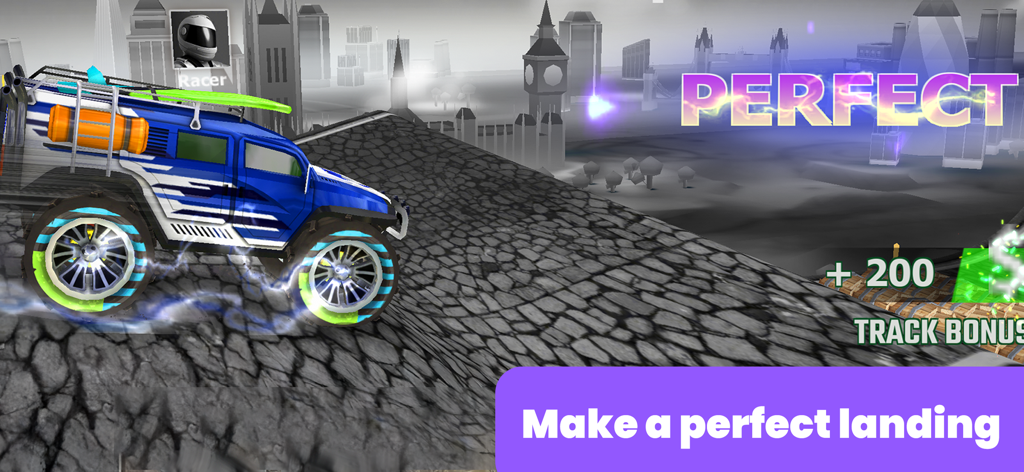 A blue monster truck performing a perfect landing on a rocky track in a racing game for kids.