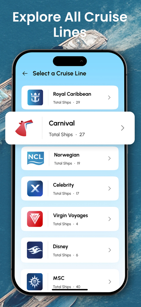 Cruisr app interface showing a selection list of major cruise lines for ship tracking