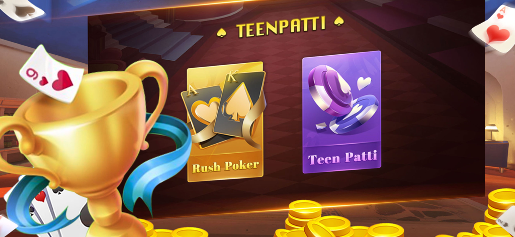 Interface do aplicativo TeenPatti Diamond mostrando os modos de jogo Rush Poker e Teen Patti com um troféu dourado e moedas