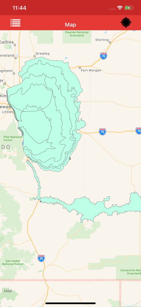 KMZ Viewer app displaying green spatial data polygons on a map of Colorado