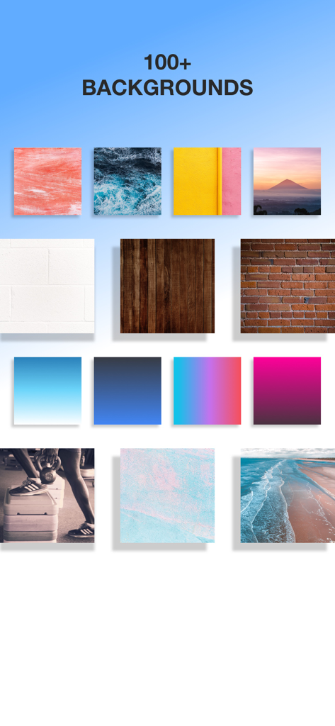 LogoMaker: Logo Creator editor - A showcase of over 100 logo background options including wood and brick textures, color gradients, and nature landscapes.