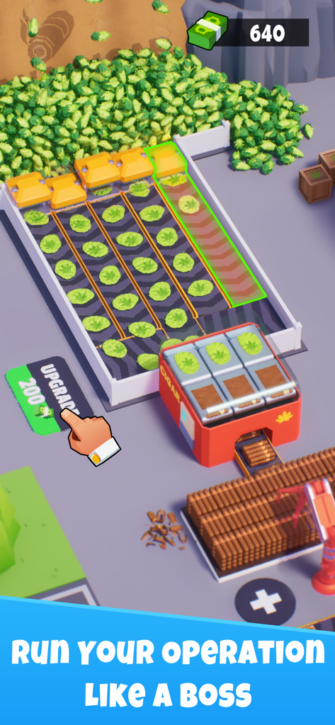 Gameplay screenshot of Idle Mafia showing a cigar production line being upgraded to increase passive income.