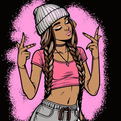 realistic teenage girl with braids and a beanie and crop top doing 🫶🏼