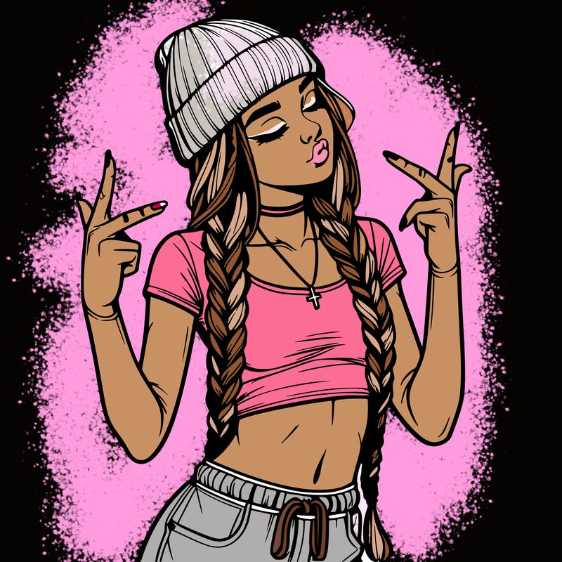 realistic teenage girl with braids and a beanie and crop top doing 🫶🏼