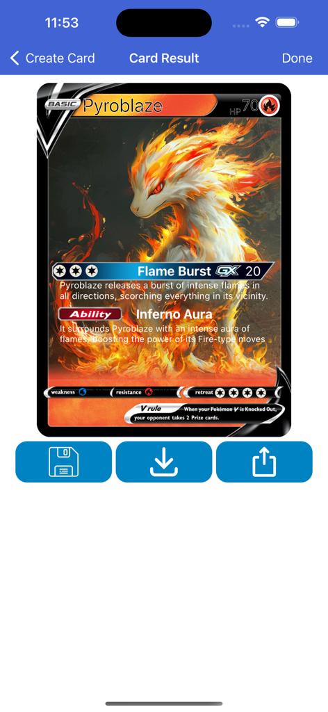 PokeCards TCG Card Maker Live - A custom fire type trading card named Pyroblaze displayed in the PokeCards TCG Card Maker Live app