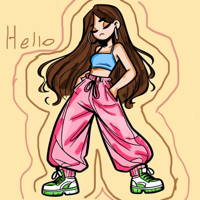 girl in baggy pants crop top and long hair