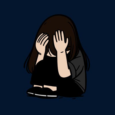 girl sitting down covering her head