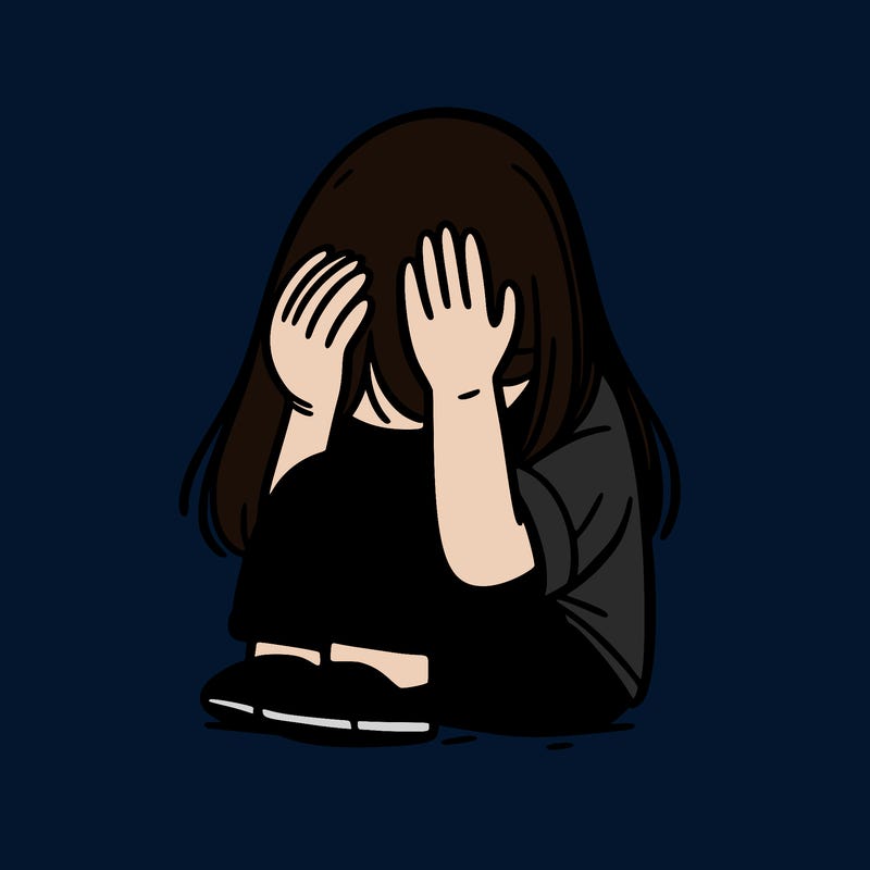 girl sitting down covering her head