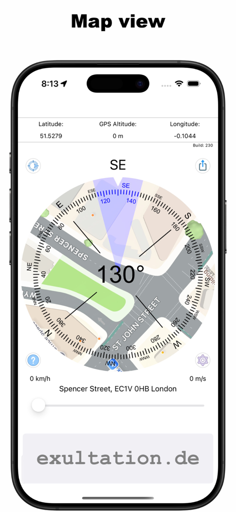 Una captura de pantalla de la aplicación Compass Professional que muestra la vista del mapa con superposición de brújula y datos GPS.