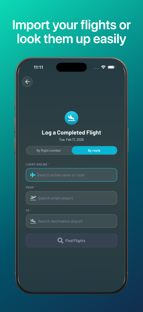 Fleet: Planes You’ve Flown - Interface for logging a completed flight by route in the Fleet app
