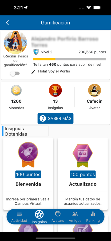 Campus Virtual UVEG - Gamification screen in the Campus Virtual UVEG app showing user progress points and earned badges