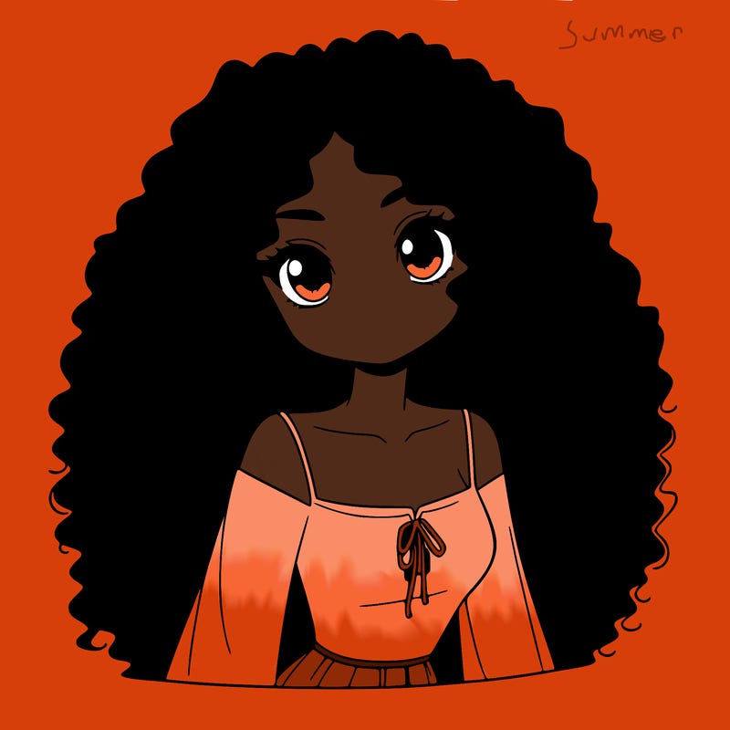 a black anime girl with long afro hair