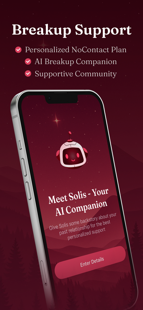 Eine mobile App-Oberfläche für NoContact mit einem KI-Trennungsbegleiter namens Solis und personalisierten Support-Optionen.