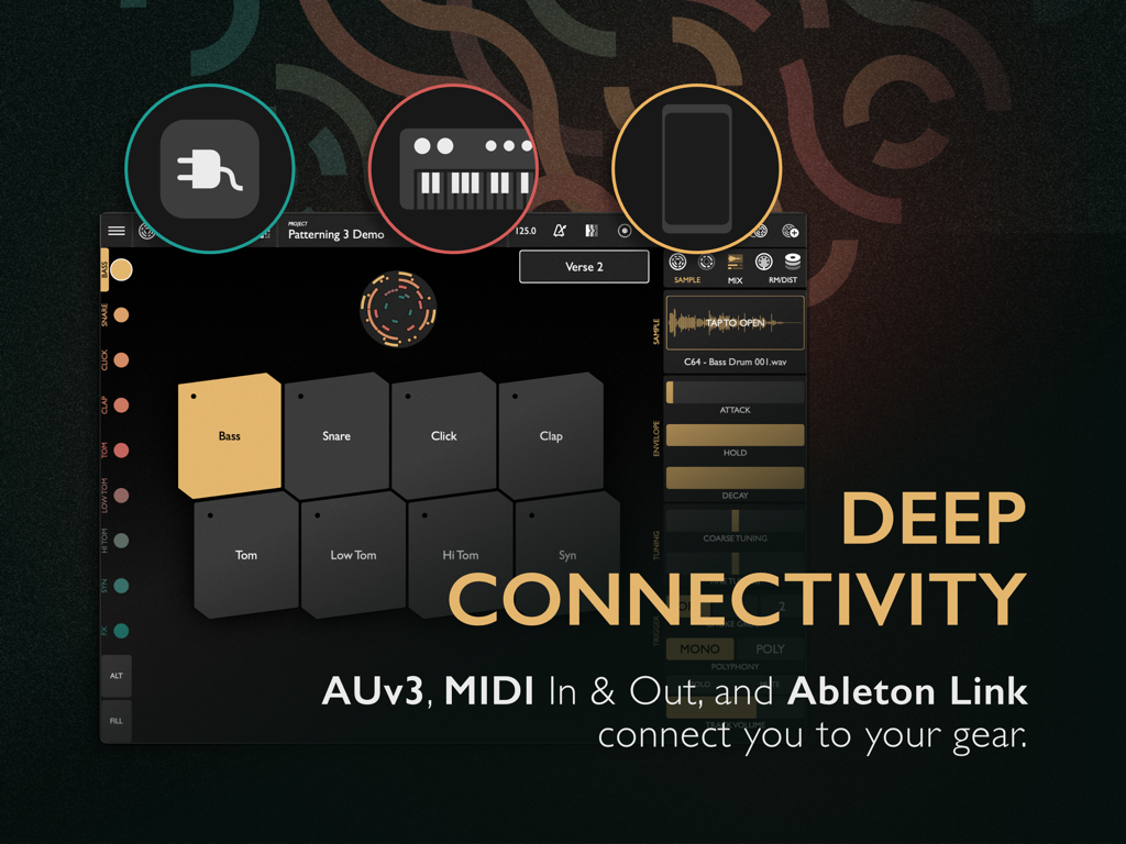 Patterning 3 : Drum Machine - Patterning 3 drum machine interface highlighting deep connectivity features including AUv3 and MIDI support