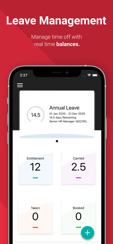 Access PeopleXD mobile App-Bildschirm für das Abwesenheitsmanagement mit Jahresurlaubssalden und Zeiterfassung
