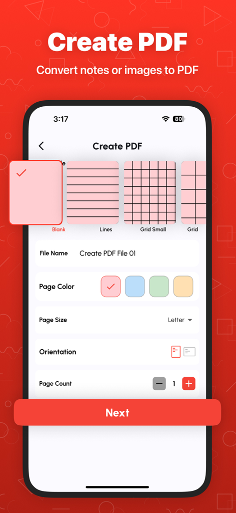 Merge PDF - Combine PDF - Interfaz móvil para crear un PDF personalizado a partir de notas o imágenes con configuración de plantillas y páginas