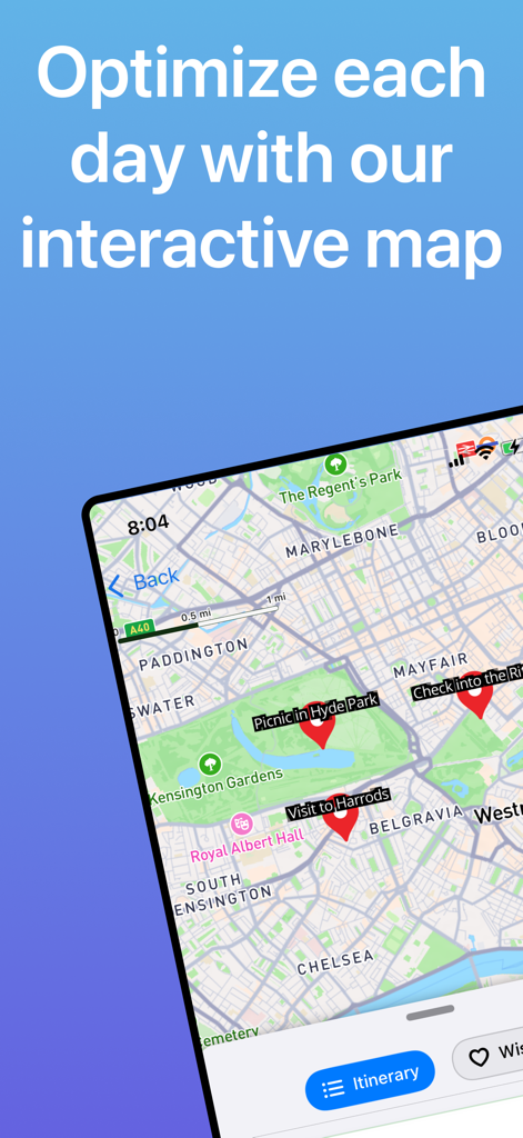 Itinerary Maker for Vacations - Una interfaz móvil que muestra un mapa interactivo de Londres con pines de itinerario de viaje para Hyde Park y Harrods.