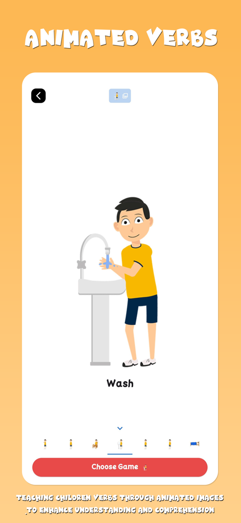 A cartoon illustration of a boy washing his hands to teach the verb wash in the My Words speech therapy app.